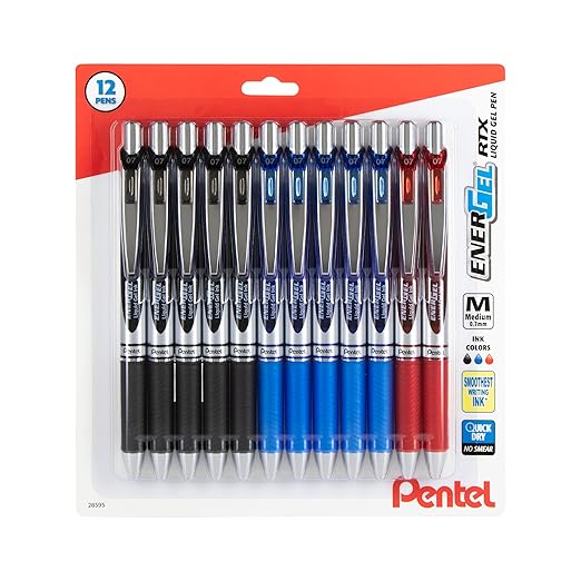 Pentel EnerGel RTX Retractable Liquid Gel Pen, 0.7mm, Medium Line, Assorted Ink, 12-Pk (BL77BP12M2)