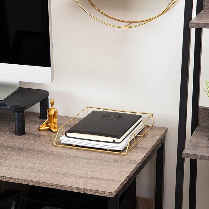 Mind Reader Gold Geometric Paper Tray, Modern Organizer for Documents, Folders, and Office Supplies, Durable and Stylish, Metal, 10" L x 12.25" W x 2" H, Gold