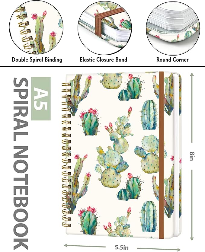 Spiral Journal Notebook for Women, Hardcover A5 College Ruled Notebook, 120 Pages, Thick Paper, Cute Lined Journal for School, Office & Work, 6 x 8.4 in(Watercolor Cactus)