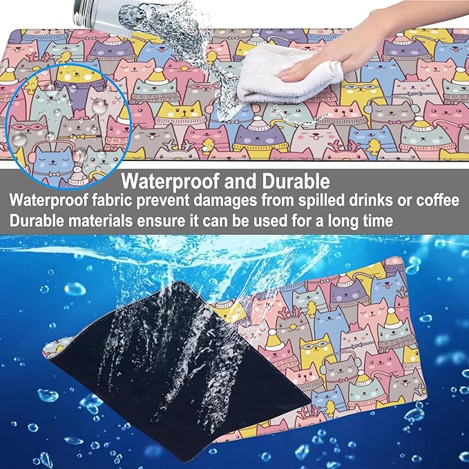 Mouse Pad, Large Cute Christmas Cats Desk Mat, Extended Non-Slip Gaming Keyboard Mousepad Desk Pad, Thick Stitched Edges Waterproof Mouse Mat 31.5"x15.7" (Cartoon Christmas Kittens)