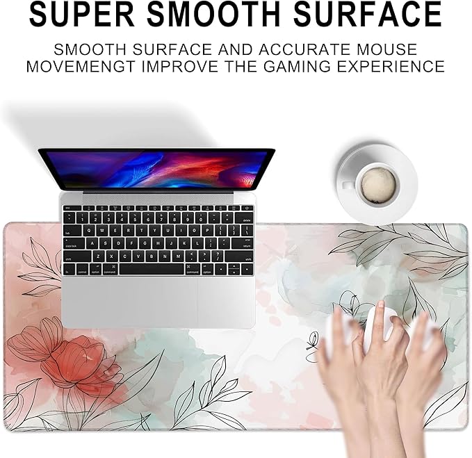 Gaming Mouse Pad, Colorful Abstract Boho Flower Leaves Large Desk Mat for Keyboard and Mouse,Non-Slip Rubber Base and Stitched Edges Desk Pad for Home Office 35.4x15.7in