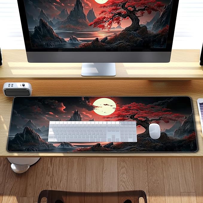 Japanese Desk Mat Riverside Full Moon Large Mouse Pad Gaming Mousepad Extended XL Keyboard Mat Computer Laptop Mouse Desktop Mat 31.5 X 11.8 Desk Decor