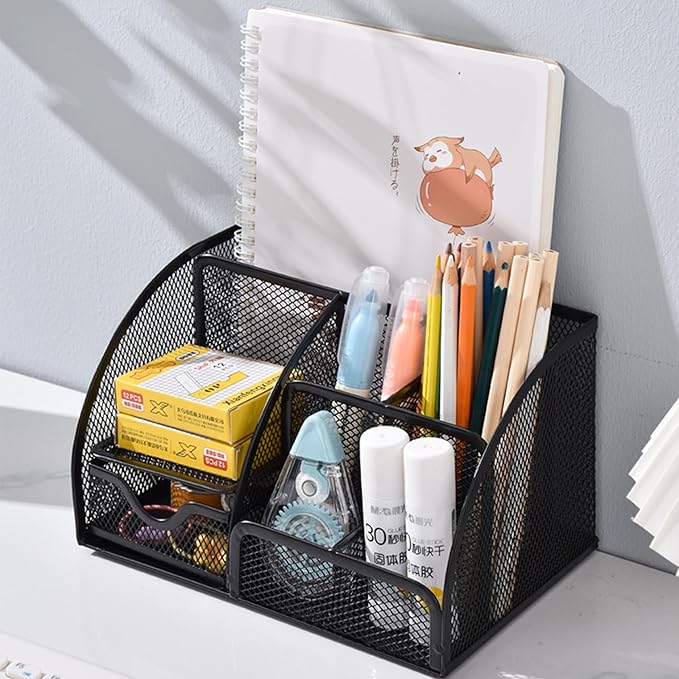 Black Mesh Pen Holder and Organizer Office Supplies with 7 Compartments, Desktop Organizer with Drawer, Metal Pen Holder for Desk, ‎9.1" x 5.9" x 5.5''