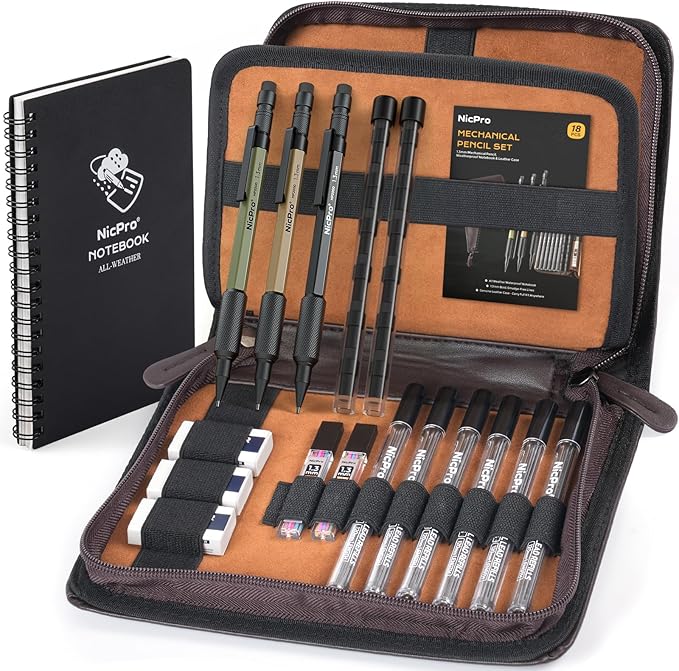 Nicpro 1.3mm Mechanical Pencil Set in Leather Bag with Waterproof Field Notebooks, 3PCS Metal Heavy Duty Carpenter Pencil with Lead Refill & Eraser for Outdoor Journal Travel Drafting Drawing