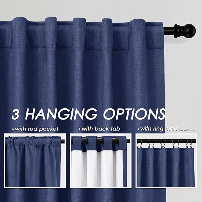 Nanspring 100% Blackout Curtains 2 Panels Set Classic Blue Window Curtains 102 Inches Long Cotton Textured Linen Thermal Insulated Noise Reducing Flax Linen Drapes for Living Room and Nursery 52x102