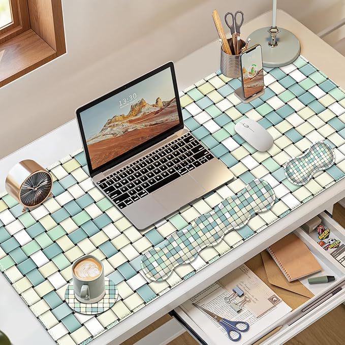 Desk Mat Gaming Mouse Pad, Cute Desk Matt Keyboard Wrist Rest for Desktop, Anti-Slip Mousepad Stitched Edges, XXL Large Mouse Pad with Wrist for Desk Computer I Green Woven Plaid Pattern