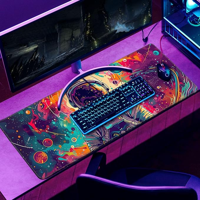 Desk Mat Colorful Space Desk Accessories Astronaut Extended Gaming Mouse Desk Pad Decorations for Office Keyboard Mousepad Mat31.5x11.8in, Stitched Edge Non-Slip Bottom Large Mouse Pad
