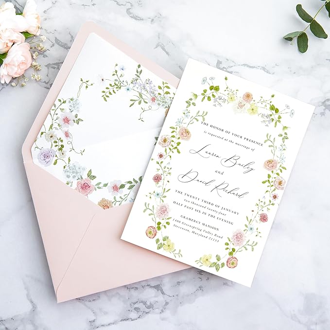 PONATIA 50PCS A7 Euro Flap Envelopes, 5.25 x 7.25'' Blush Pink Flowers Liner Envelopes for 5x7 Wedding Invitations, Photos, Postcards, Greeting Cards, Christmas Gift Cards, Acrylic Mailing