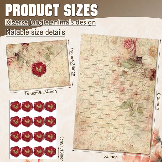 TaoBary 160 Pcs Stationery Paper Set 50 Double Sided Stationery Papers with 50 Matching Envelopes and 60 Round Dot Sticker, 10 Design(Vintage Floral,5.5 x 8.25 Inch)