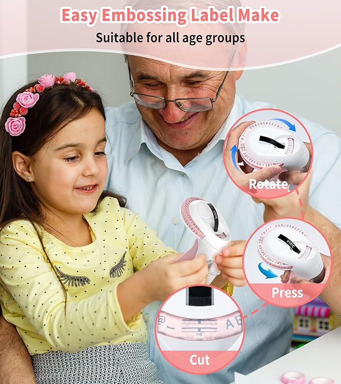 Vixic Embossing Label Maker Machine with Tapes, Vintage Embossed Label Maker, Retro Embossing Machine with 10 Rolls 9mm 3D Embossing Label Tapes for Home Office Kids DIY Crafting School, Pink