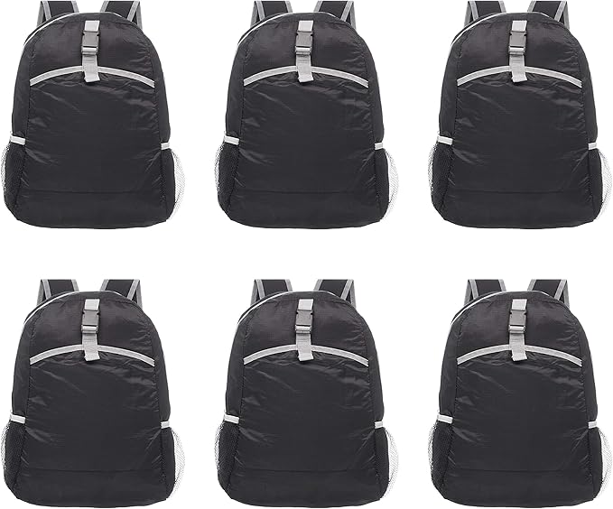 DISCOUNT PROMOS Lightweight Travel Packable Backpacks Set of 6, Bulk Pack - Perfect for Camping, Outdoor Sports - Black