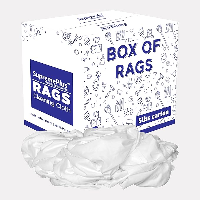 SupremePlus Recycled White Sheeting Cleaning Rags (5 lbs. Box) – Lint Free White Cotton Cloths for Manufacturing | Automotive | Janitorial | Shop Rags Bulk - Multipurpose