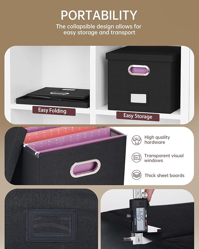 4 Pack File Storage Organizer, Document Organizer, Portable File Box with Lid, Fit for Letter/Legal File Folder Storage,Black-Box only