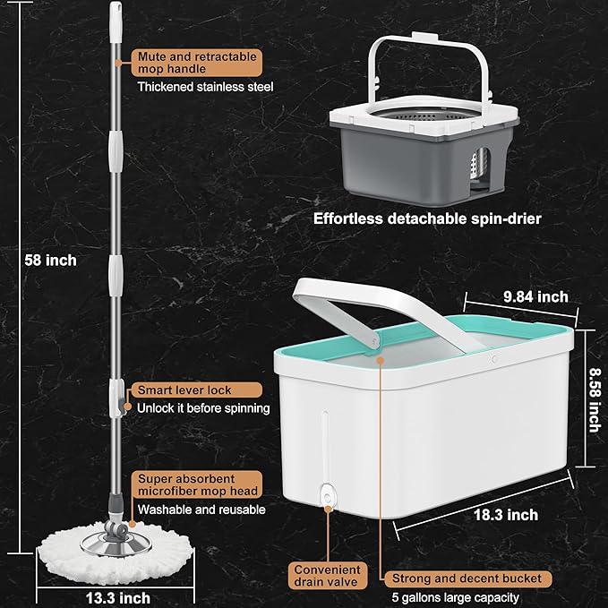Spin Mop and Bucket Set Non-Tilting 5-Gallon Mop Bucket with Wringer Mops for Floor Cleaning + Extra 6PC Mop Heads, Detachable Splash Guard Spin Basket, Extendable Silent Telescopic Handle