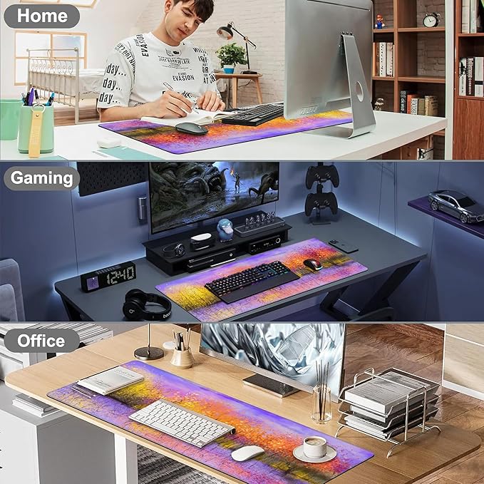 Mouse Pad, Large Colorful Autumn Trees Desk Mat, Extended Non-Slip Gaming Keyboard Mousepad Desk Pad, Thick Stitched Edges Waterproof Mouse Mat 31.5"x15.7" (Fall Nature Landscape Oil Painting)