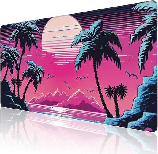 Desk Mat, Tropical Sunset and Palm Trees Extended Large Gaming Mouse Pad for Desk XXL, Non-Slip Rubber Base Stitched Edges Long Computer Keyboard Desk Pad Mouse Mat for Home Office Gaming 35.4"X15.7"