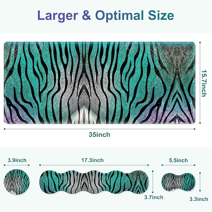 Gaming Mouse Pad Keyboard Wrist Support, 4 in1 Mousepad with Wrist Keyboard Rest, Computer Desk Mat, Non-Slip Desk Pad Protector with Memory Foam Easy Typing Pain Relief I Green Zebra Stripes