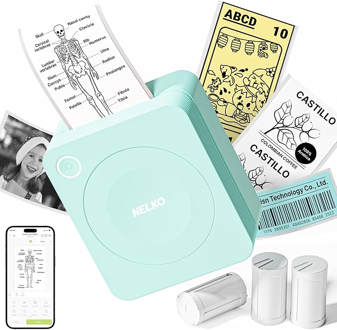 Nelko Sticker Printer, PM230 Print Pod Mini Bluetooth Portabel Sticker Maker with 3 Rolls Paper, Print Pods Mini Printer with Multiple Templates for Phone & Tablet，for School Office Home, Green