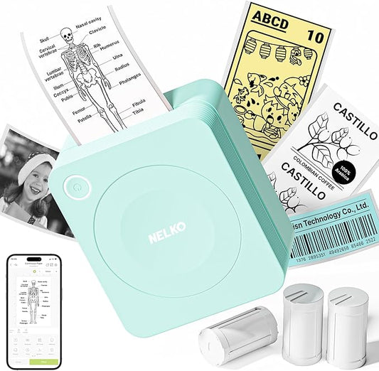 Nelko Sticker Printer, PM230 Print Pod Mini Bluetooth Portabel Sticker Maker with 3 Rolls Paper, Print Pods Mini Printer with Multiple Templates for Phone & Tablet，for School Office Home, Green