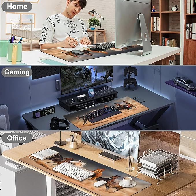 Mouse Pad, Large Running Horse Herd Desk Mat, Extended Non-Slip Gaming Keyboard Mousepad Desk Pad, Thick Stitched Edges Waterproof Mouse Mat 31.5"x15.7" (Horse Herd in Desert Sand Storm)