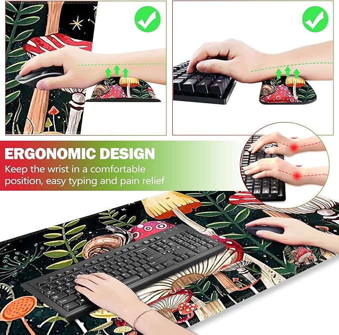 ARTSO Large Gaming Mouse Pad, Keyboard Wrist Rest Pad & Wrist Support Mousepad Set, Stitched Edge, Extended, Non-Slip Base, Memory Foam Desk Mat for Office, Home, Snail Mushroom