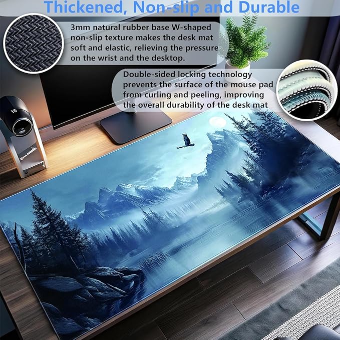 Eagle Mouse Pad Forest Desk Mat XXL Large Gaming Mousepad Winter Snow Mountain Scenery Aesthetics Computer Mat Keyboard and Mouse Pad Office Desk Decor 31.5 x 15.7 in