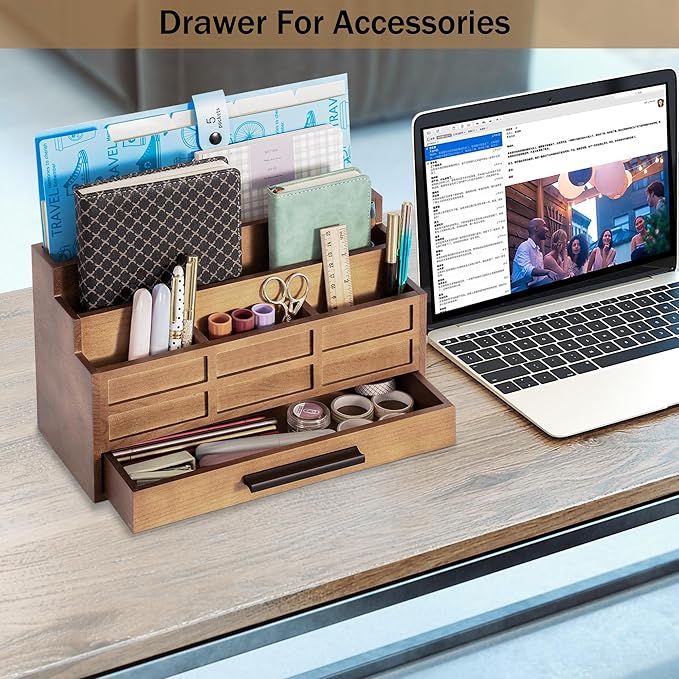 Brown Wood Desk Organizer and Accessories with Drawer, Bill Mail Organizer and File Mail Holder for Office Supplies, Rustic Desk Accessories & Workspace Organizers