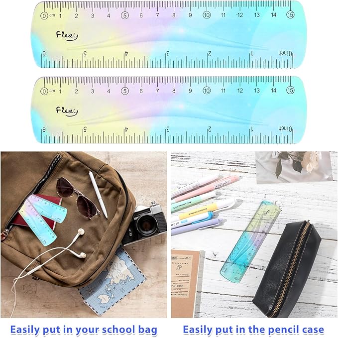 2 Pieces Flexible Ruler, Color Plastic Ruler Shatterproof Straight Edge Plastic Soft Bendable for School Classroom Office Kids & Adults (6inch)