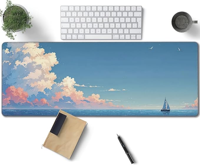Blue Sky Ocean Large Mouse Pad, Anime Style Gaming Desk Mat, XL Keyboard Desk Pad Mat for Desktop, 31.5"x11.8" Non-Slip Base Big Mousepad with Stitched Edges