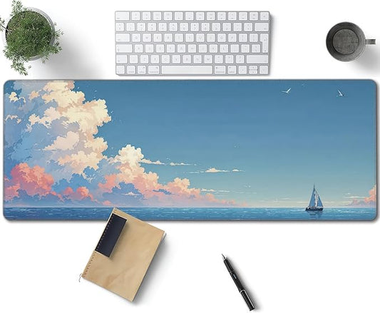 Blue Sky Ocean Large Mouse Pad, Anime Style Gaming Desk Mat, XL Keyboard Desk Pad Mat for Desktop, 31.5"x11.8" Non-Slip Base Big Mousepad with Stitched Edges