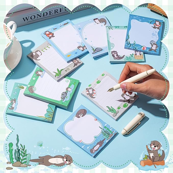 Sabary 9 Pads Cute Sticky Notes Animal Sticky Note Pads 3.15 x 3.94 Inches Colored Adhesive Memo Reminder Decor for Journal School Office Gifts(Otter)