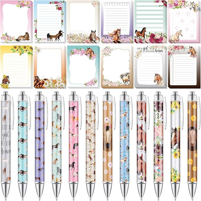 24 Pcs Horse Sticky Notes with Pens Themed Party Favors Gifts Cute Notepad Memo Notes Pads Black Ink Ballpoint Pen for Horse Lover Christmas Gifts Office School Students Teacher Supplies
