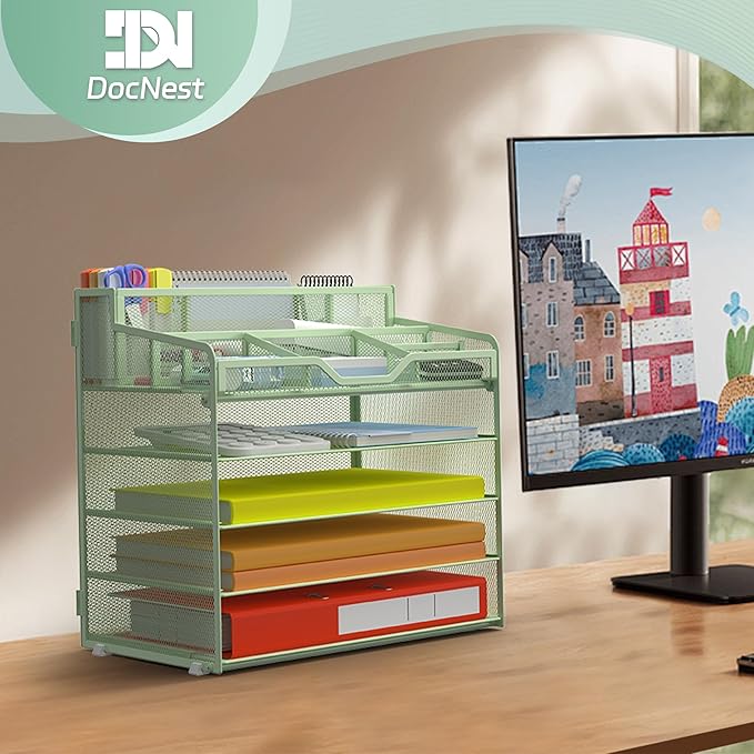 Docnest 5 Tier Mesh Desk Organizer for Paper Office Supplies – Multi-Functional Letter Tray with 5 Adjustable Compartments, 3 Pen Holders, Desktop Storage for Files, Mail, Stationery – Green