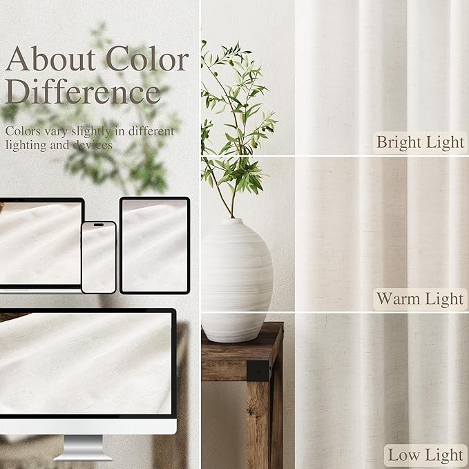Beige White Linen Blackout Curtains 90 Inches Long Loop Pocket Rod Pocket Heat Reducing Noise Reducing Total Blackout 2 Panels Set for Sliding Door Boho Farmhouse Curtains Drapes 52x90