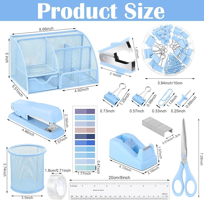 11 in 1 Blue Desk Organizer and Accessories, Blue Desk Accessories Light Blue Office Supplies Include Blue Stapler Blue Tape Dispenser Pen Holder Staple Remover Clips Ruler Scissors Tapes Tabs