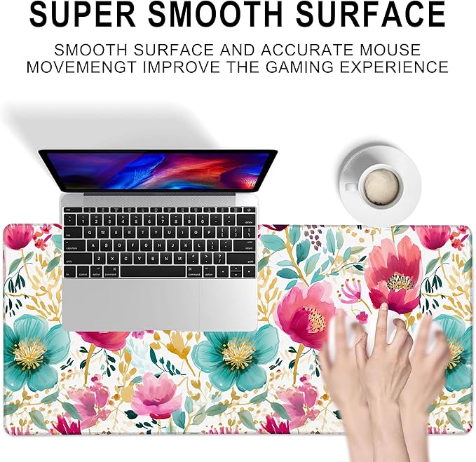 Gaming Mouse Pad, Watercolor Pink and Teal Flowers Floral Large Desk Mat for Keyboard and Mouse,Non-Slip Rubber Base and Stitched Edges Desk Pad for Home Office 35.4x15.7in
