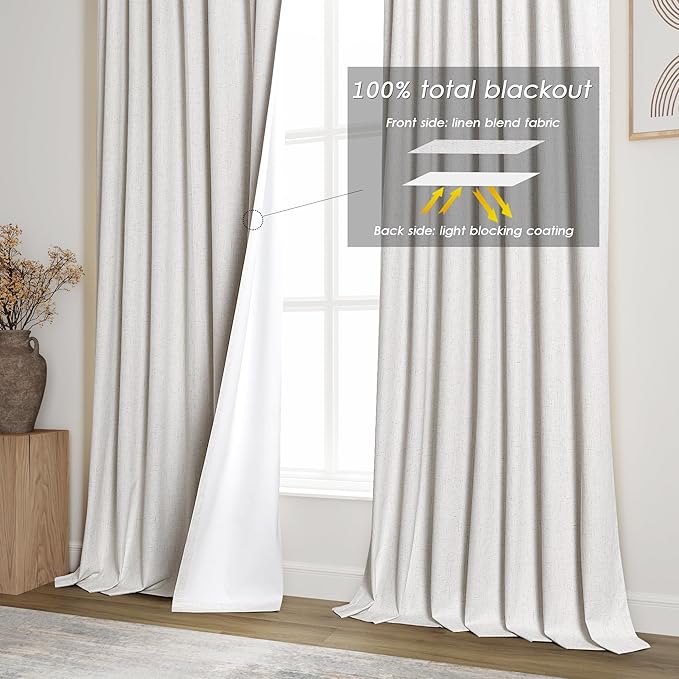 Natural Linen 100% Black Out Curtains 108 Inches Long 2 Panels Set for Bedroom Cream Ivory Pinch Pleated Thermal Insulated Energy Efficient Curtains Living Room High Ceiling Length 9 FT Feet