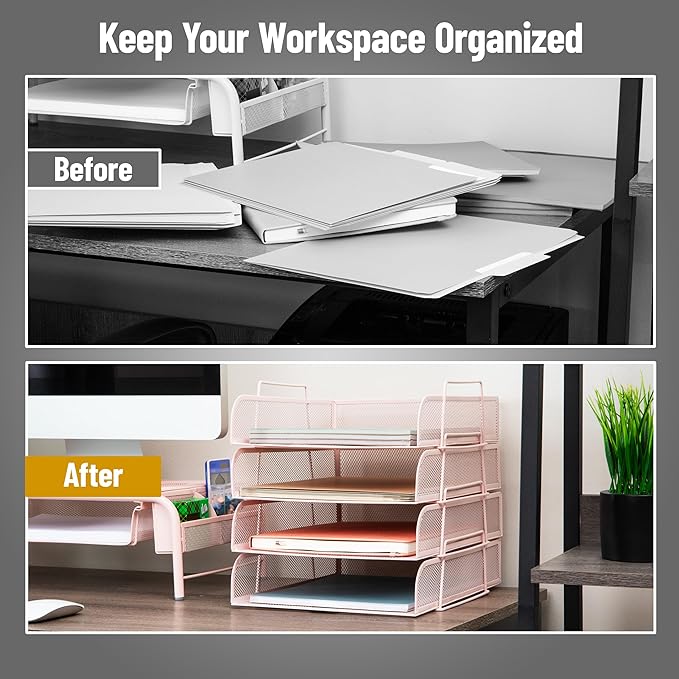 Mind Reader Stackable Paper Tray, Desktop Organizer, File Storage, Office, Metal Mesh, 10.5" L x 13.5" W x 11.25" H, 4 Pcs., Pink