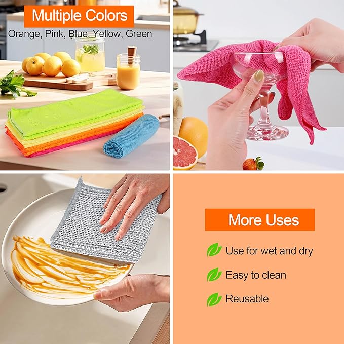 Non Scratch Wire Dishcloth Dishwashing Rag Set 20PCS - Home Essentials Microfiber Cleaning Cloth Absorbent Cleaning Rags, Reusable Soft Kitchen Towels,Multipurpose Metal Dish Cloth