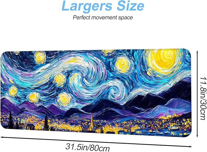 Vincent Van Gogh Starry Night Inspired Mouse Pad – Thicker 31.5" x 11.8" Extended Desk Mat with Dreamy Galaxy and Village Nightscape, Non-Slip Base & Smooth Surface for Office & Gaming