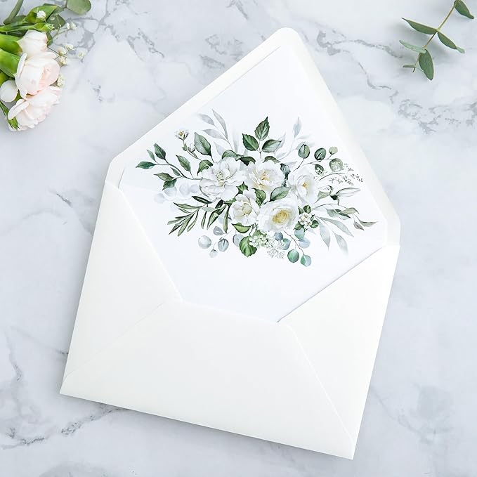 PONATIA 50PCS A7 Euro Flap Ivory Envelope, 5.25 x 7.25'' Flowers Liner Envelopes for Wedding Invitations, Photos, Postcards, Greeting Cards, Christmas Gift Cards, Acrylic Mailing, 5x7 Envelopes