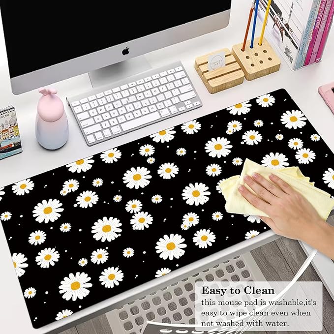 White Daisy Daisy Pad Protector, Stitched Edges Mouse Pad, Large Office Mat, Non-Slip Desk Blotter, Laptop Desk Pad, Flower Writing Pad for Office and Home (31.5" x 15.7")