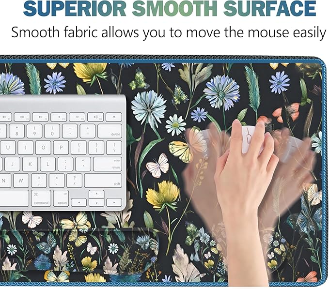 ARTSO Keyboard Mouse Pad Set, Extended Mouse Pad with Keyboard Wrist Rest Support, Memory Foam Ergonomic Desk Pad Set for Home Office, Flower Leaf Butterfly