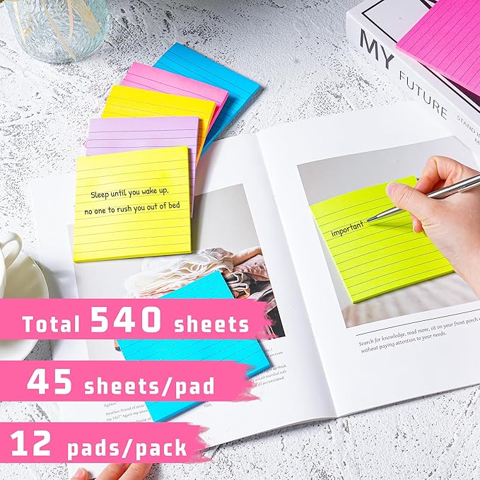 (12 Pads) Lined Sticky Notes 4x4 in Post, 6 Bright Colors with Lines Self-Stick Note Pads it, Strong Adhesive, 46 Sheets/Pad, 552 Sheets in Total