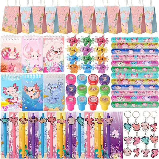 108 Pcs Axolotl Party Gifts Axolotl Stationery Gifts included Mini Toys Spiral Notebooks Ballpoint Pens Slap Bracelets Keychains Stamps Gift Cards and Gifts Bags for Axolotl Birthday Party Supplies