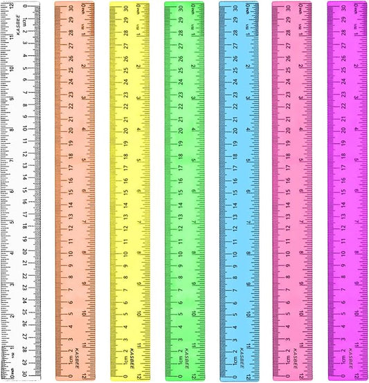 Rulers 12 Inch, Colored Clear Rulers, Plastic Measuring Ruler for Kids, School, Home and Office, Millimeter, Centimeter and Inches, Pack of 7