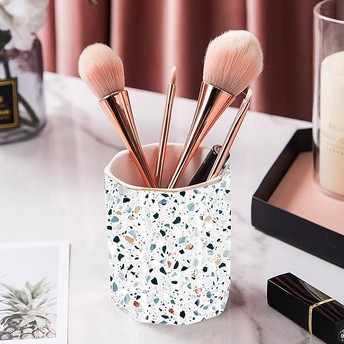 Pen Holder, Makeup Brush Holder Ceramic Shiny Gold Terrazzo Marble Stone Pattern Pencil Cup for Girls Kids Women Durable Stand Desk Organizer Storage Gift for Office, Classroom, Home Light Blue