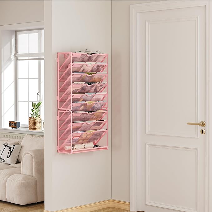 Lavatino 10-Tier Hanging Wall File Folders Organizer - Pink Metal Mesh Paper Magazine Document Mail Holder File Organizer for Office School Home Wall Mount or Desk Supplies Organization