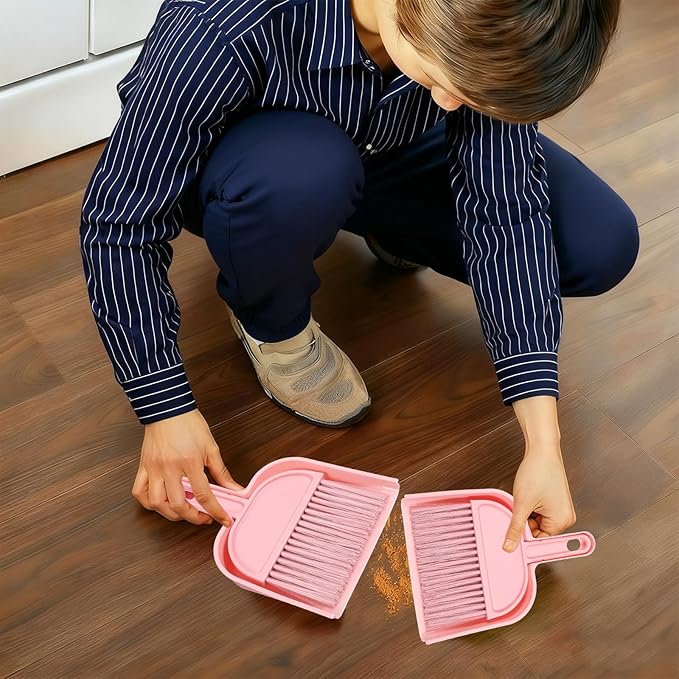 Pink Small Broom and Dustpan Set, Mini Dustpan and Brush Set, Small Hand Broom and Dust Pan Sets for Home Sofas Kitchen Countertops Storage Shelves Office Desks Bathrooms and Pet Areas