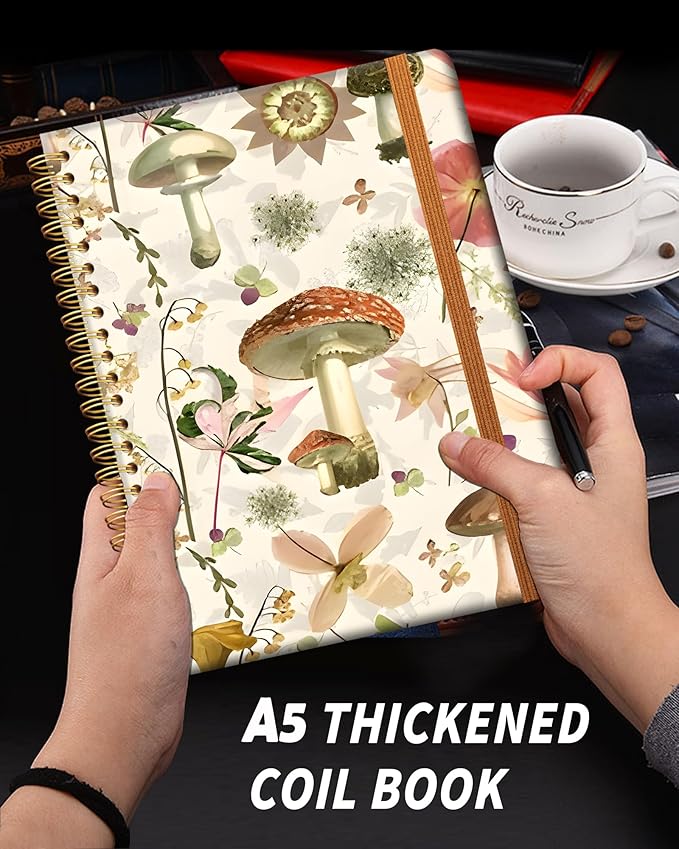 Ruled Spiral Writing Notebook,A5 Hardcover Lined College Journal for Women,Strong Twin-Wire Binding with Premium Paper,8.4" X 6",Perfect for School,Office,Home(Mushroom Garden)